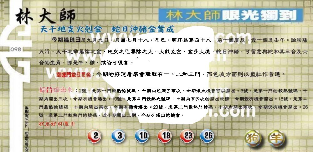 098期：老总论码/萧公子/林大师/五行夺码