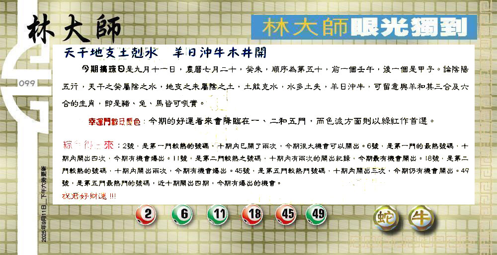 099期：老总论码/萧公子/林大师/五行夺码