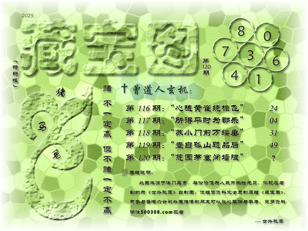 120期藏寶圖_新:荒园茅塞闭墙隈_老:自古骄兵多致败_禁:狗_禁:9尾_玄機字:《堂》