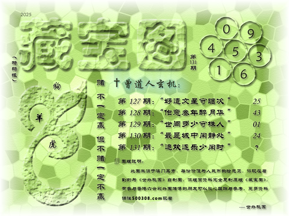 131期藏寶圖_新:追欢逐乐少闲时_老:谁种萧萧数百竿_禁:猪_禁:2尾_玄機字:《刊》