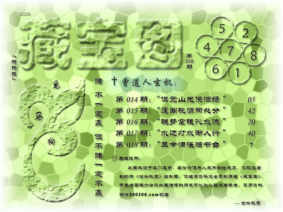018期藏寶圖_新:至今惆怅独书台_老:便与常时两样看_禁:羊_禁:3尾_玄機字:《切》财爷送：“金塘水乱流”