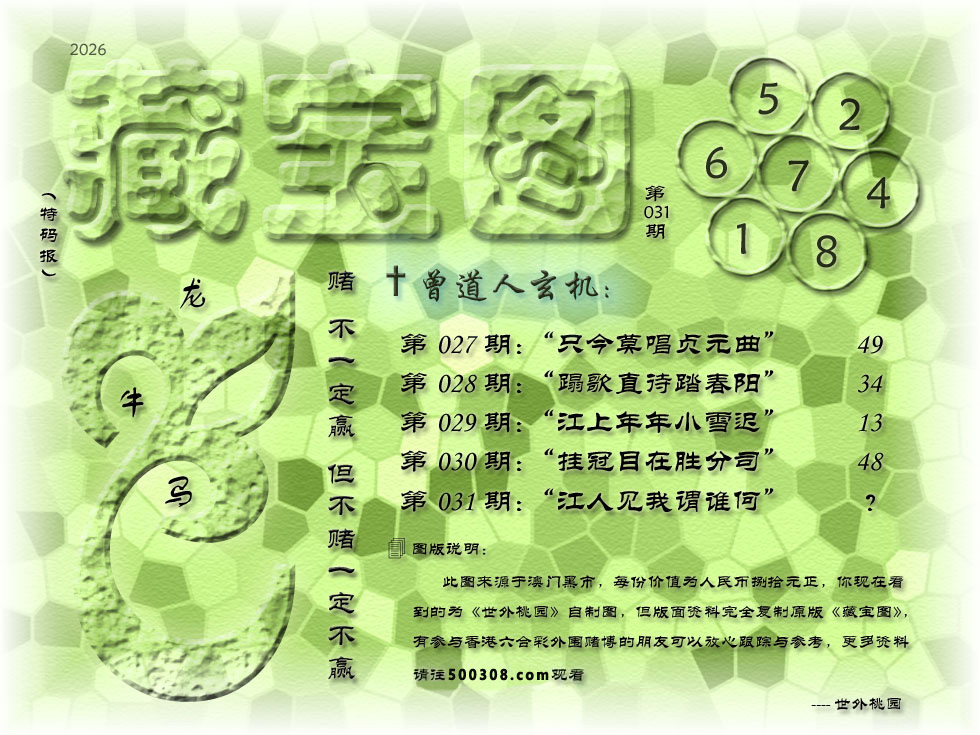 031期藏寶圖_新:江人见我谓谁何_老:裁红晕碧泪漫漫_禁:鼠_禁:9尾_玄機字:《氅》