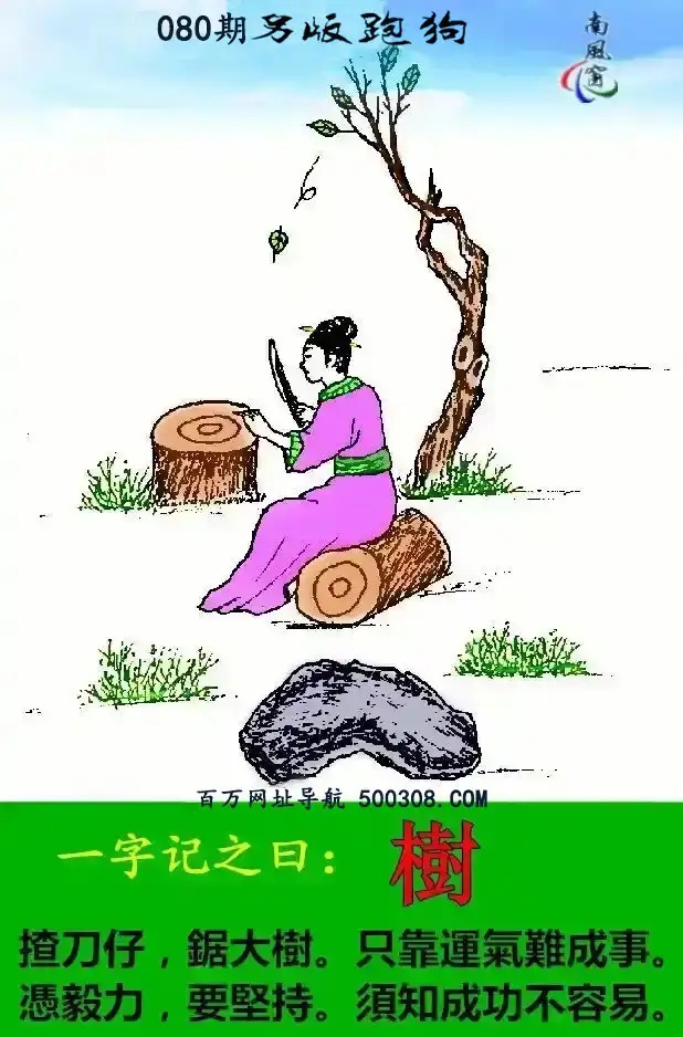 080期另版跑狗玄機:【樹】_揸刀仔，鋸大樹。只靠運氣難成事。_憑毅力，要堅持。須知成功不容易。_​
